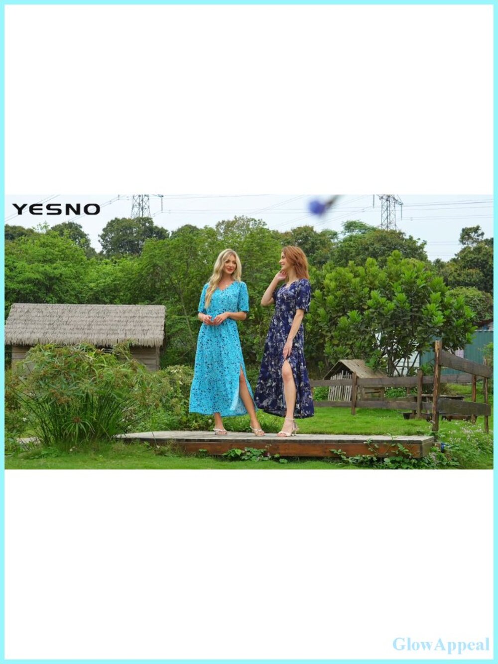 Boho Maxi Dress V Neck Puff Sleeve Tiered Split Flowy Casual Dress with Pockets - Picture 5 of 6